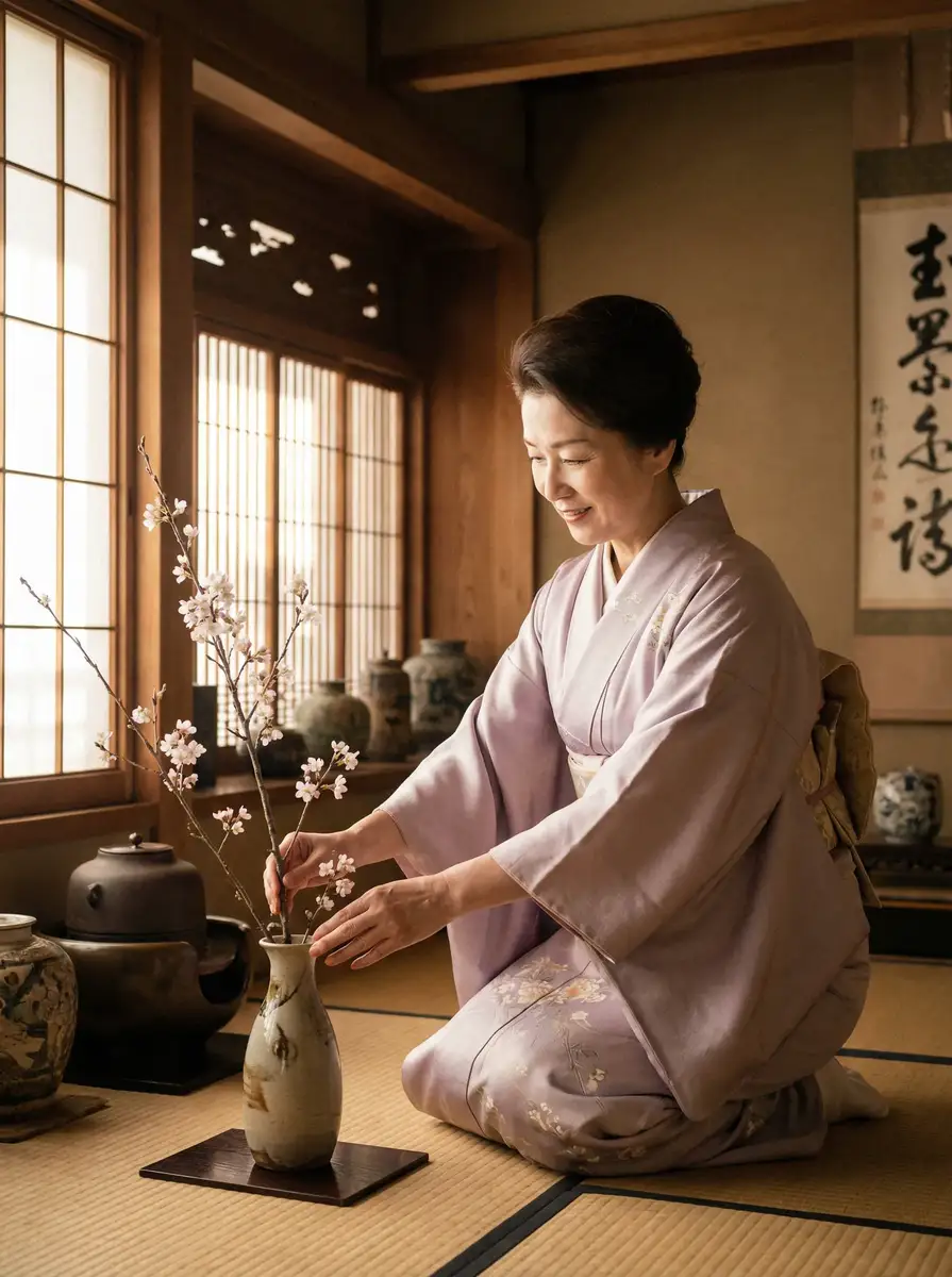 一位优雅的 蜜臀久久九九 在和室中插花